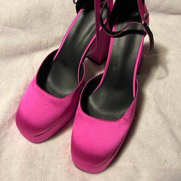 Hot Pink Women Ankle Strap Pumps Satin Chunky Heels - Picture 6 of 7